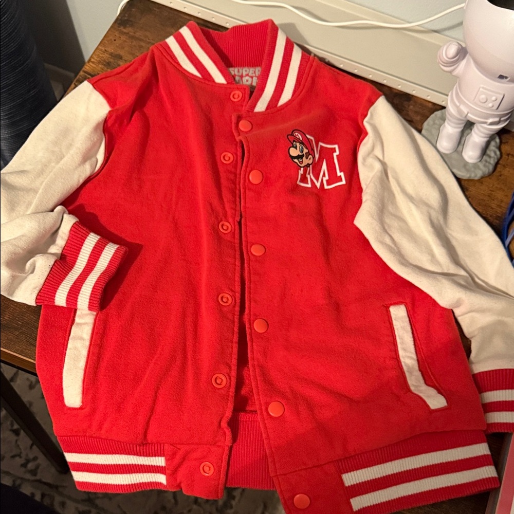 Red and White Varsity Jacket with Mario bro gently used boys